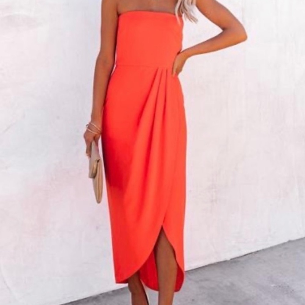Aakaa x Vici Aglow Orange Strapless Draped Midi Dress NWT